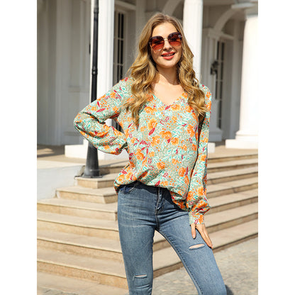 Long Sleeve Pullover V-Neck Printed Loose Shirt