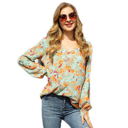 Long Sleeve Pullover V-Neck Printed Loose Shirt