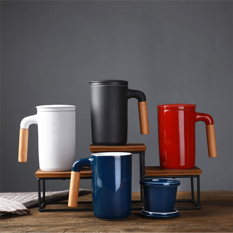 Ceramic Large Capacity Mug Custom Japanese Stoneware Office Cup Wooden Handle Gift Cup With Lid Tea Separation