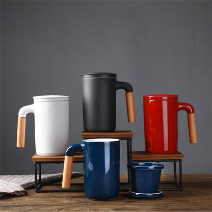 Ceramic Large Capacity Mug Custom Japanese Stoneware Office Cup Wooden Handle Gift Cup With Lid Tea Separation