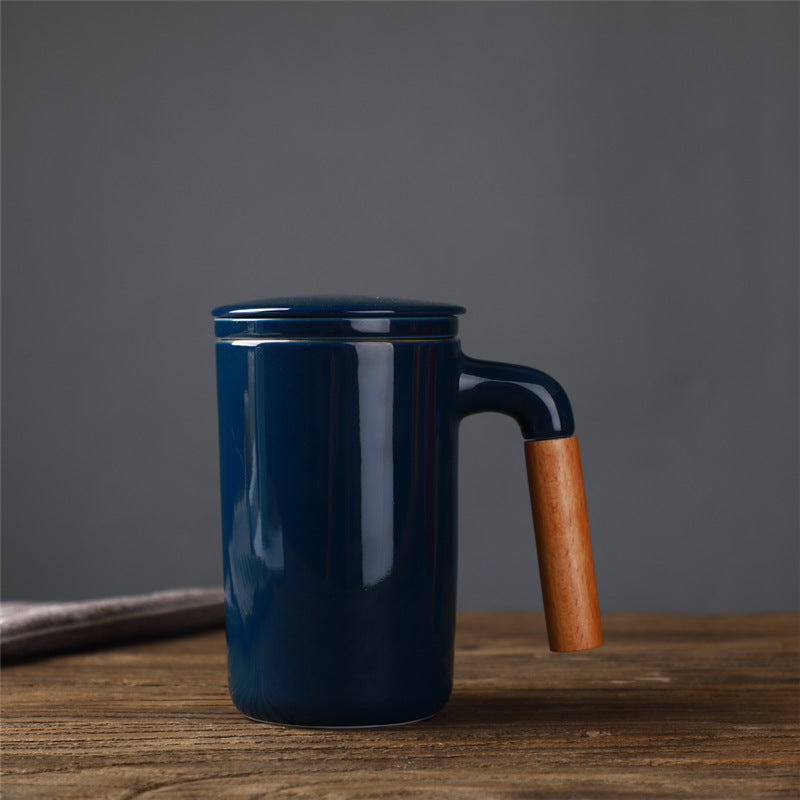 Ceramic Large Capacity Mug Custom Japanese Stoneware Office Cup Wooden Handle Gift Cup With Lid Tea Separation