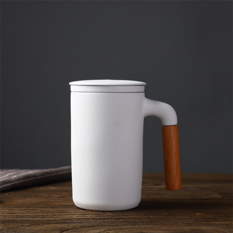 Ceramic Large Capacity Mug Custom Japanese Stoneware Office Cup Wooden Handle Gift Cup With Lid Tea Separation