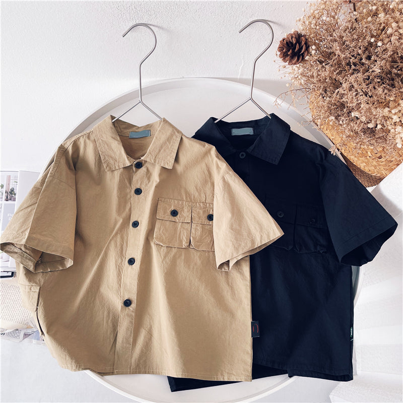 Children's Dlothing Summer Boy Short-Sleeved Baby Shirt Solid Color Children's Handsome Casual Workwear Style Shirt