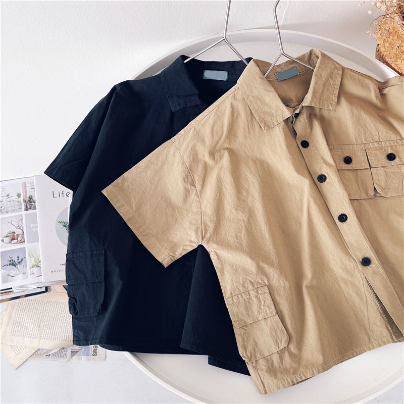 Children's Dlothing Summer Boy Short-Sleeved Baby Shirt Solid Color Children's Handsome Casual Workwear Style Shirt