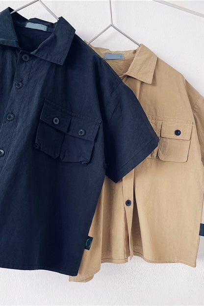 Children's Dlothing Summer Boy Short-Sleeved Baby Shirt Solid Color Children's Handsome Casual Workwear Style Shirt