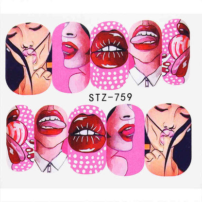 Nail Art Water Transfer Sticker Set Cool 9 Styles American Art Flower Sexy Lips