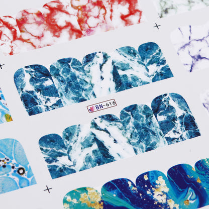 12 French Art Marbling Nail Enhancement Watermark Stickers Watercolor Black And White Texture Nail Stickers
