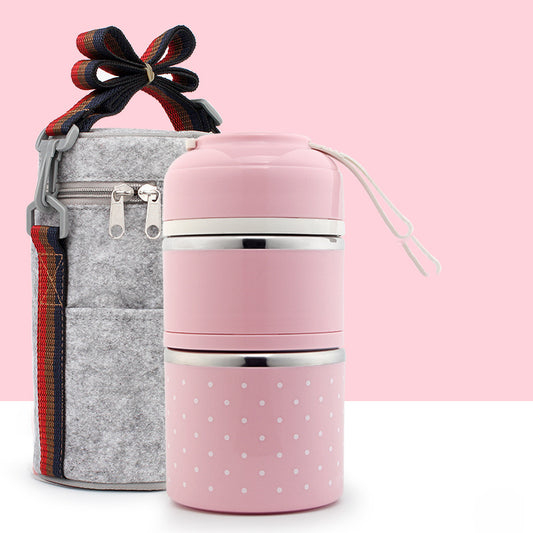 Portable  Stainless Steel Lunch Box Polka Dot Grid Lunch