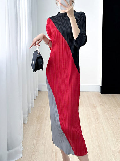 DEAT Pleatd Color Block Dress Women Stand Collar Loose Summer New 2023 Medium Long Elegant Pullover Female Casual 15KB1913