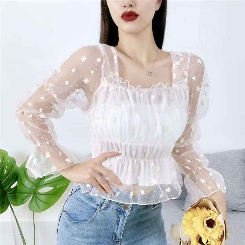 New Trendy Square Neck Bubble Long-Sleeved Net Yarn Bottoming Shirt