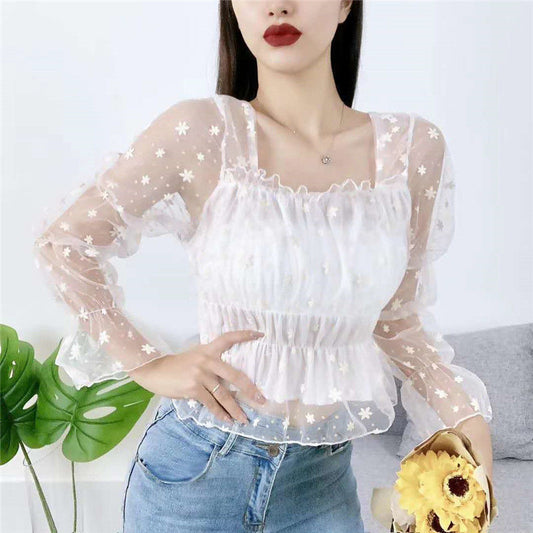 New Trendy Square Neck Bubble Long-Sleeved Net Yarn Bottoming Shirt