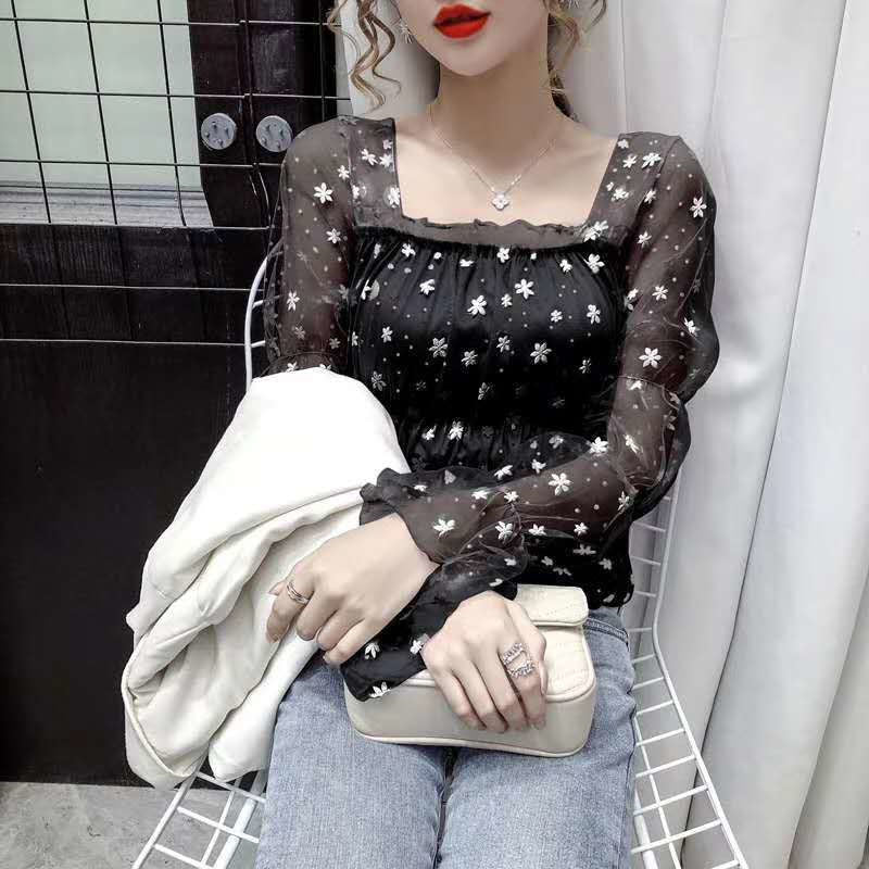 New Trendy Square Neck Bubble Long-Sleeved Net Yarn Bottoming Shirt