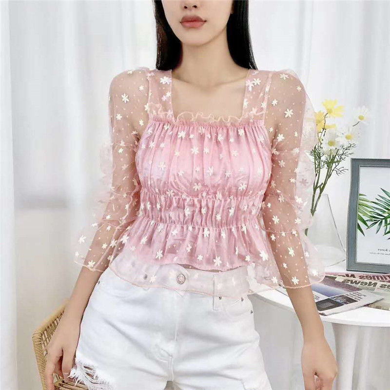 New Trendy Square Neck Bubble Long-Sleeved Net Yarn Bottoming Shirt
