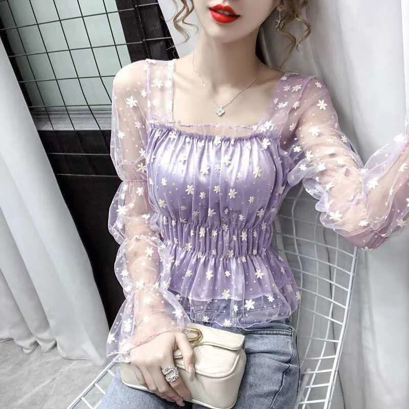 New Trendy Square Neck Bubble Long-Sleeved Net Yarn Bottoming Shirt