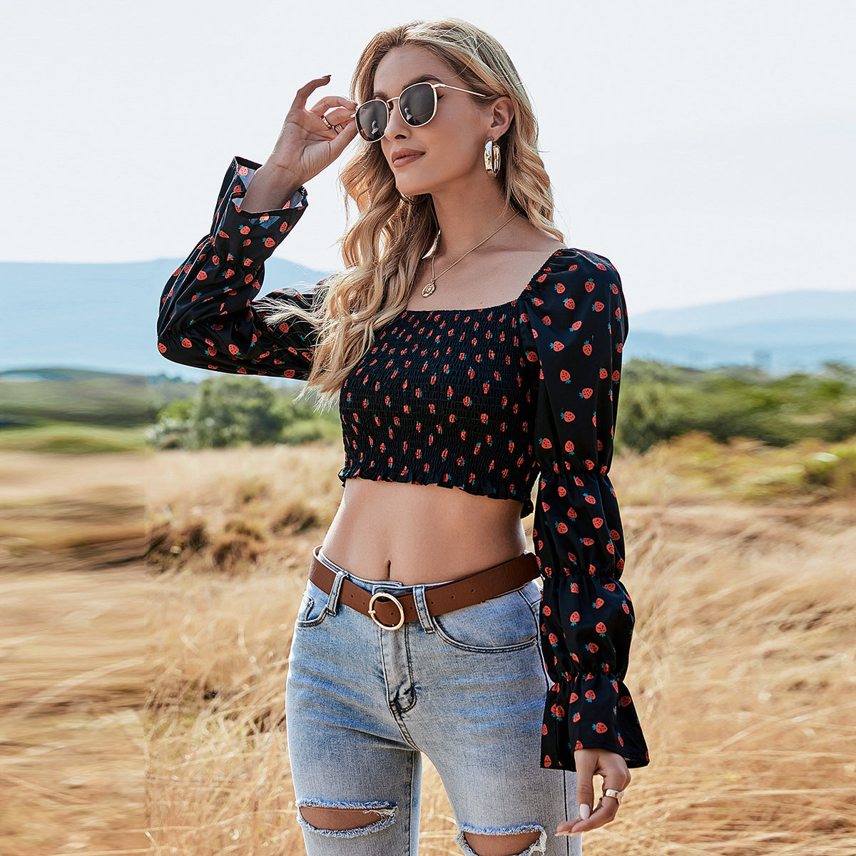 Printed Cropped Slim Long-sleeved Top