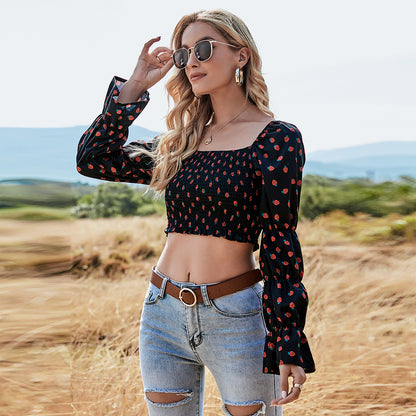 Printed Cropped Slim Long-sleeved Top
