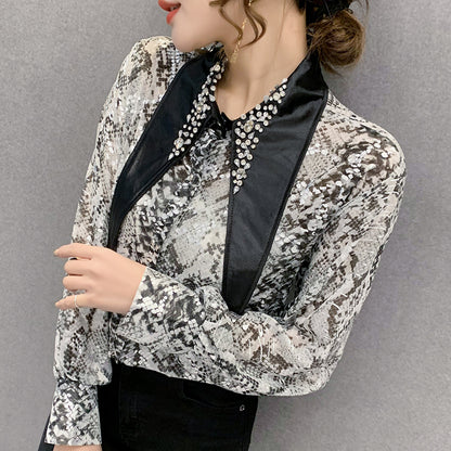 High-end Beaded Lapel Design Chiffon Shirt Western Style Retro Printing Long-sleeved Shirt Women