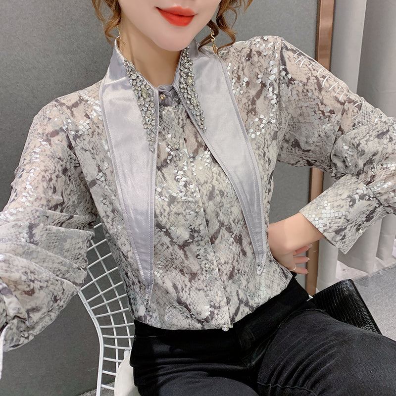 High-end Beaded Lapel Design Chiffon Shirt Western Style Retro Printing Long-sleeved Shirt Women