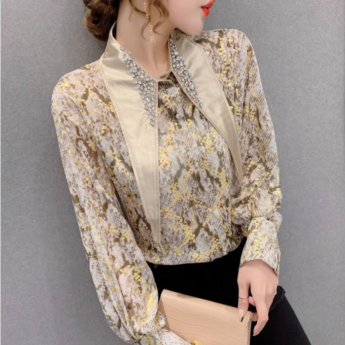 High-end Beaded Lapel Design Chiffon Shirt Western Style Retro Printing Long-sleeved Shirt Women