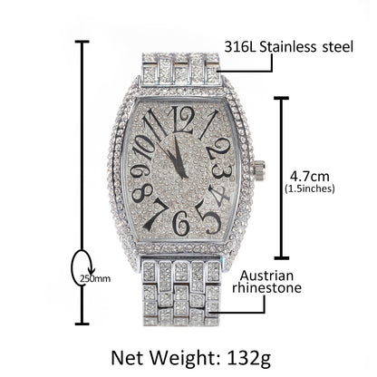 Large tonneau-shaped dial with full diamonds