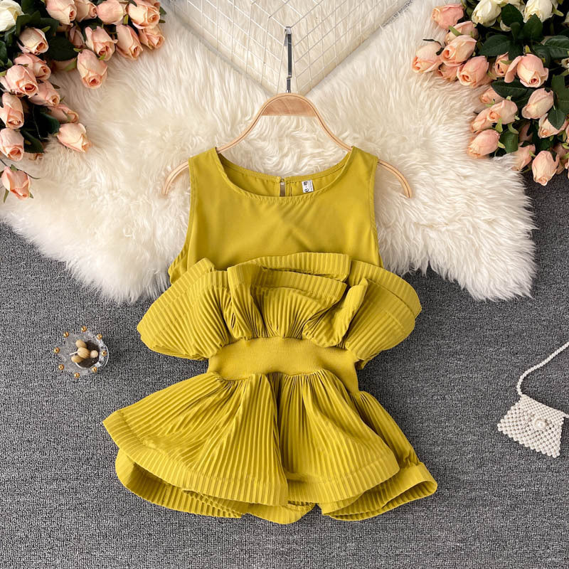 Design Sense Of Niche Three-dimensional Pleated Ruffled Waist, Slimmer Sleeveless Chiffon Shirt