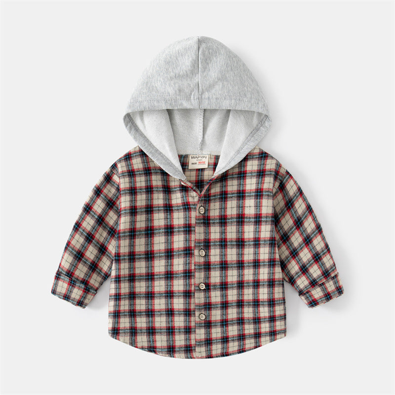 Korean Style Children's Long-sleeved Shirt Baby Plaid Hooded Shirt Trendy