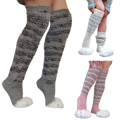 Knitted Striped Cat's Paw Over The Knee Stockings Pile Style Knitted Socks