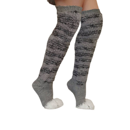 Knitted Striped Cat's Paw Over The Knee Stockings Pile Style Knitted Socks