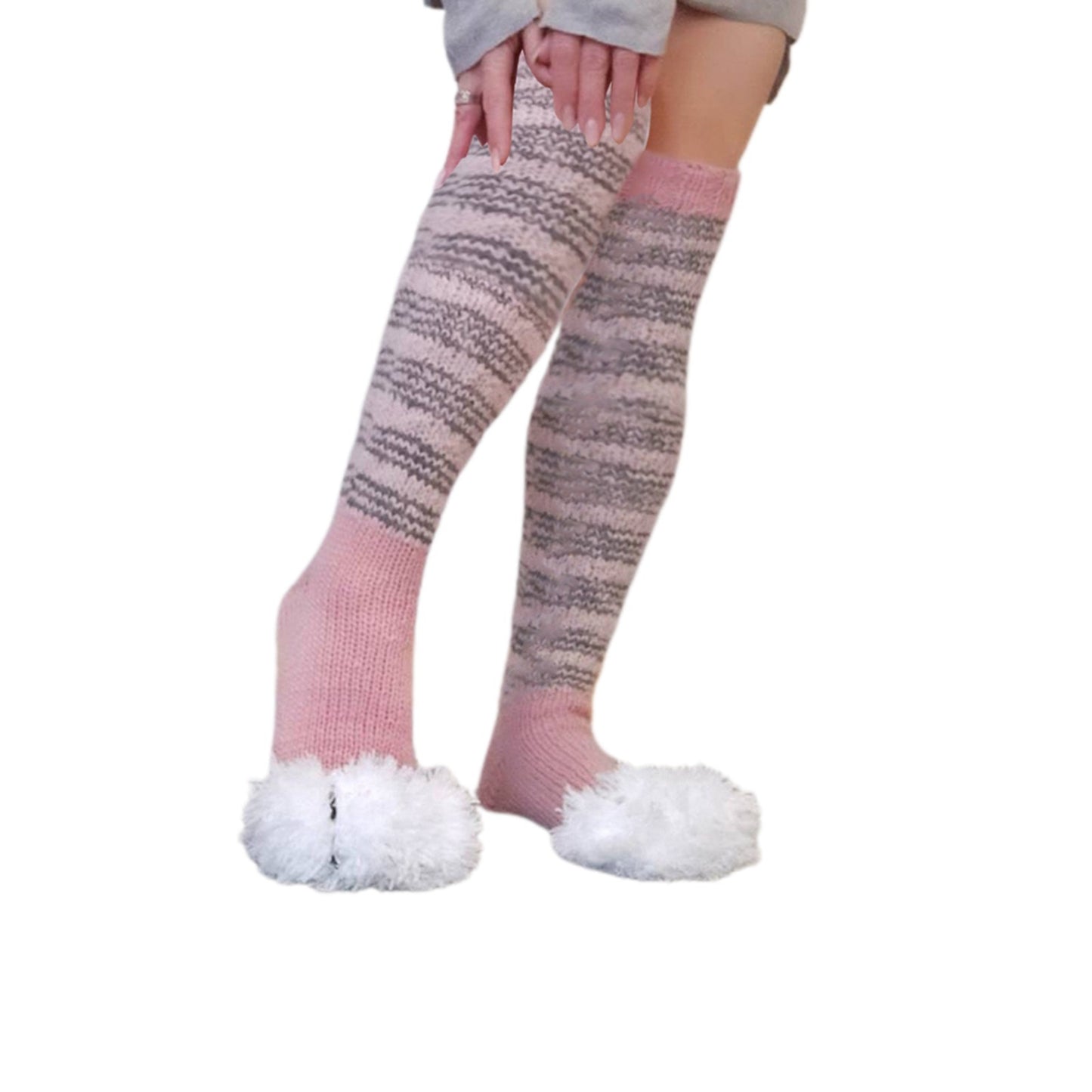 Knitted Striped Cat's Paw Over The Knee Stockings Pile Style Knitted Socks