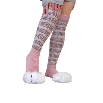 Knitted Striped Cat's Paw Over The Knee Stockings Pile Style Knitted Socks