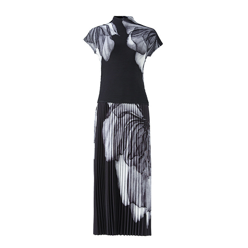 Fashion Printed Pleated 2 Pieces Set For Women Turtleneck Short Sleeves Thin Tops Female Clothing
