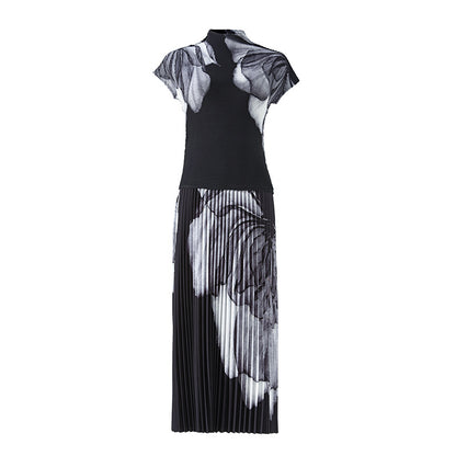 Fashion Printed Pleated 2 Pieces Set For Women Turtleneck Short Sleeves Thin Tops Female Clothing