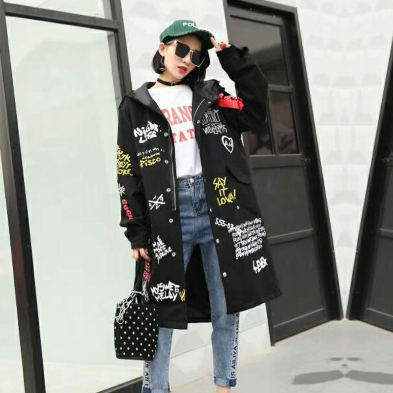 Printed hooded trench coat
