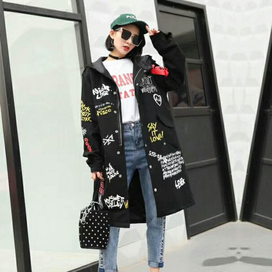 Printed hooded trench coat