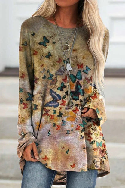 Retro butterfly print gradient long-sleeved T-shirt