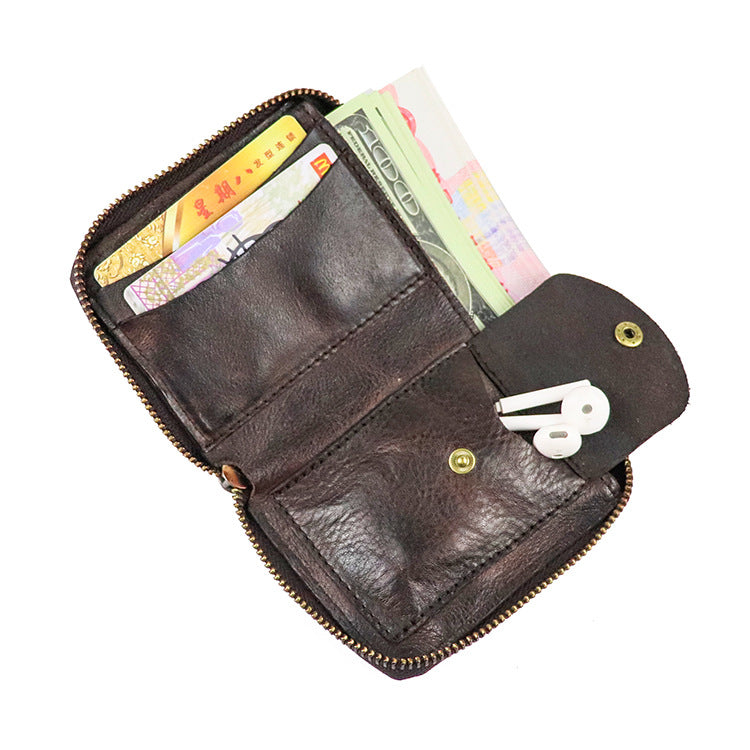 Zipper folding compact vegetable tanned leather wallet