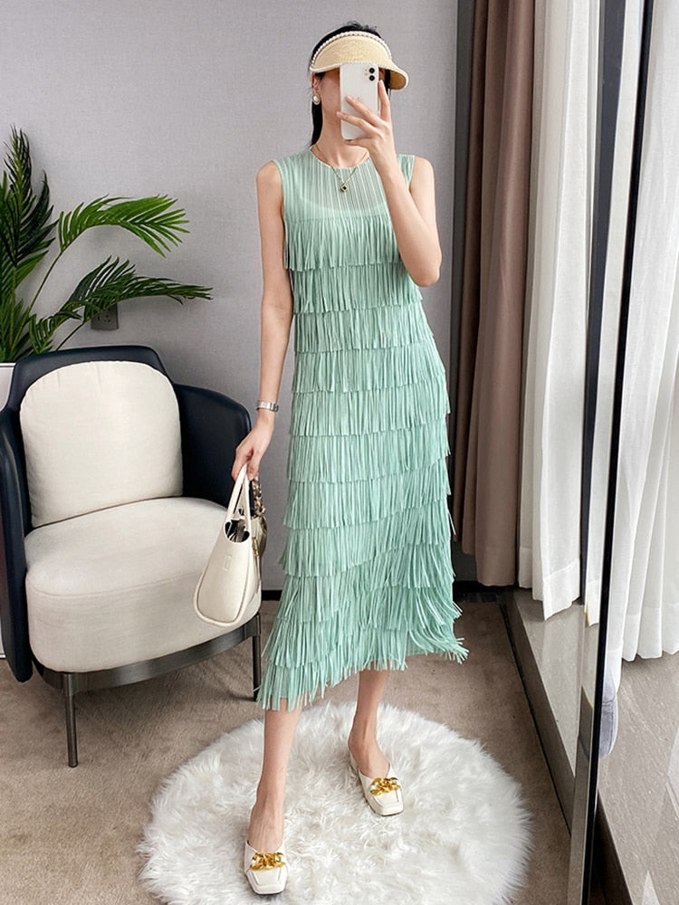 Spliced Tassel O Neck Dress Women Straight Sleeveless Medium Long Spring Summer  New Solid Color Elegant Lady