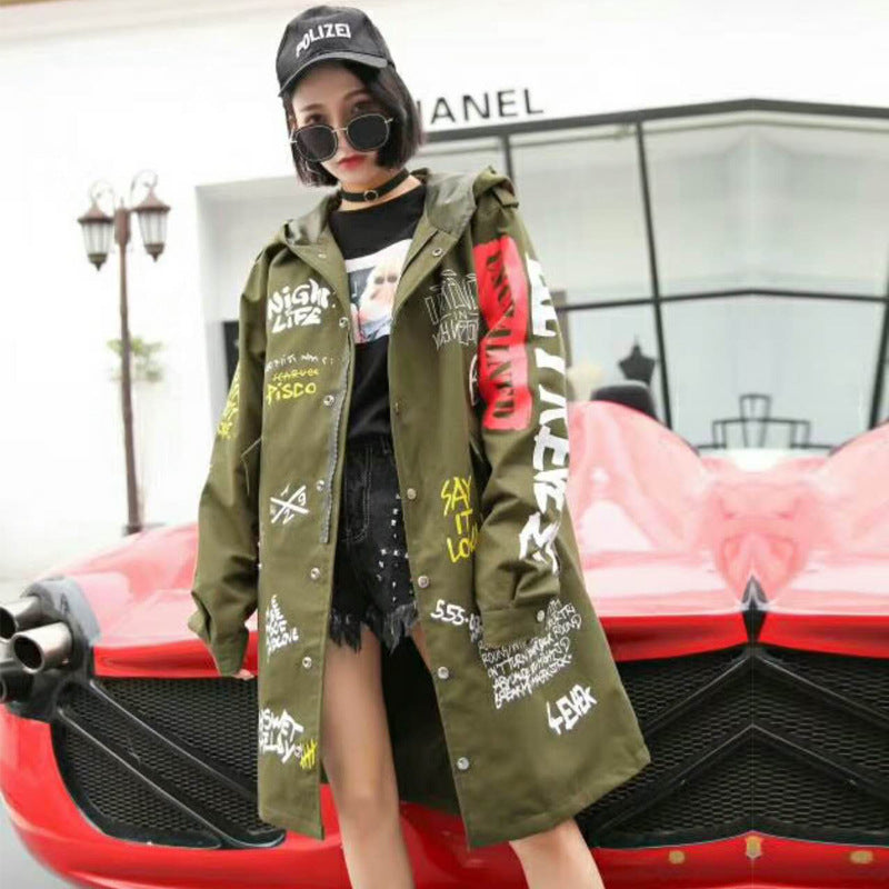 Printed hooded trench coat
