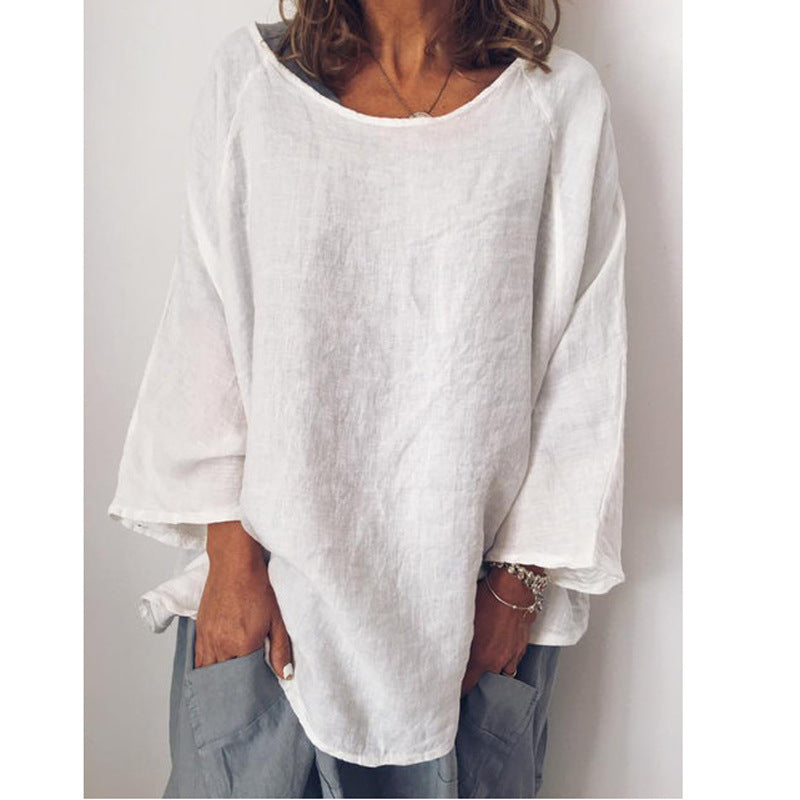 Cotton and linen solid color loose top