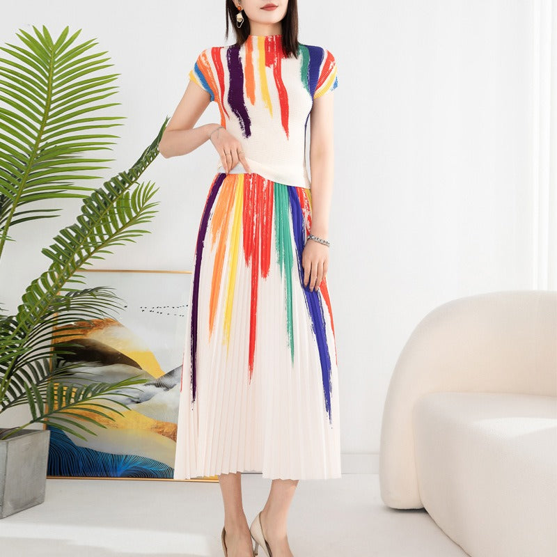 Contrast Color Pleated 2 Pieces Set Women's Turtleneck Short Sleeves Tops High Waist Fold Skirts Casual Clothes