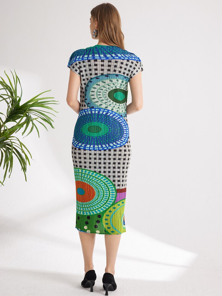 TIANPEI Pleats Plaid Printed Flying Sleeve Dress  New Spring Summer Causal Long Split Evening Dresses Aesthetic Clothes