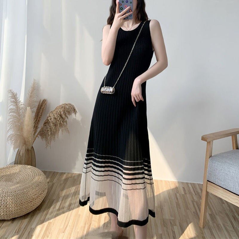 Knitted Sleeveless Long Dress Summer Dress Women's Soft Casual Stretch A Line Mesh Patchwork Striped Hem Dresses