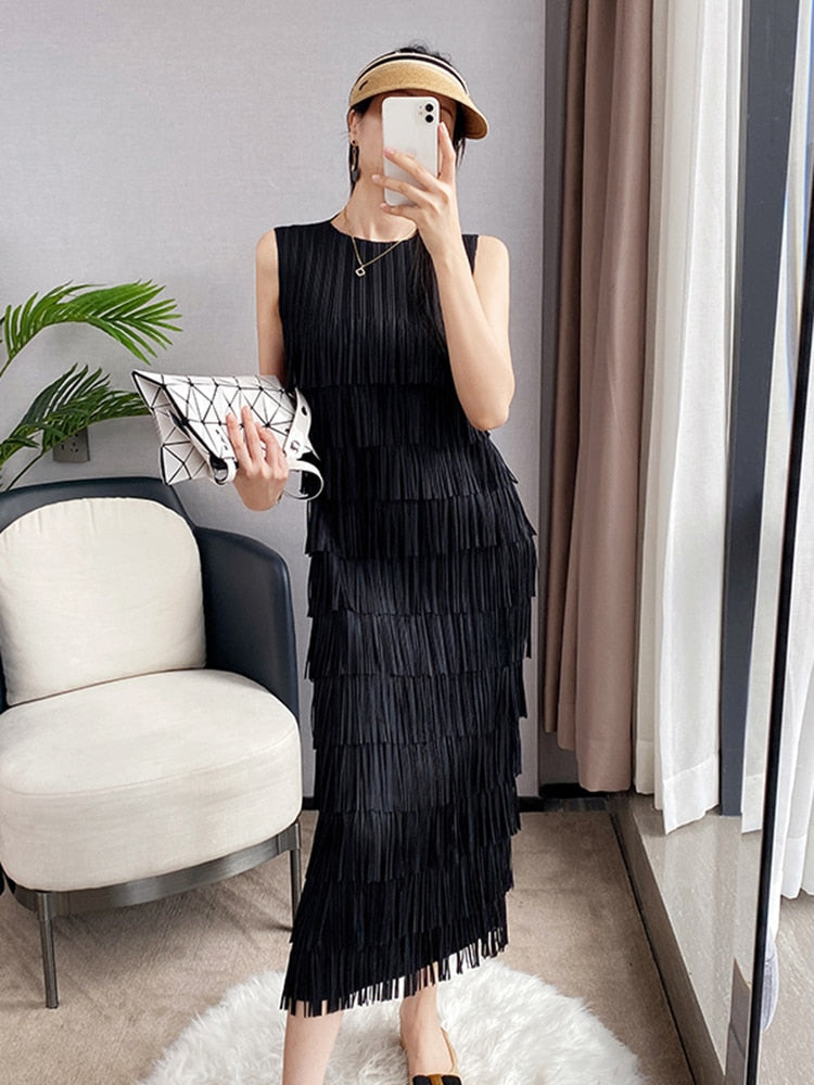 Spliced Tassel O Neck Dress Women Straight Sleeveless Medium Long Spring Summer  New Solid Color Elegant Lady