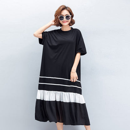 [EWQ] Women Black White T-shirt Dress Big Size Loose Short Sleeve Hem Gauze Patchwork O-neck Dresses  Summer New Tide Robe