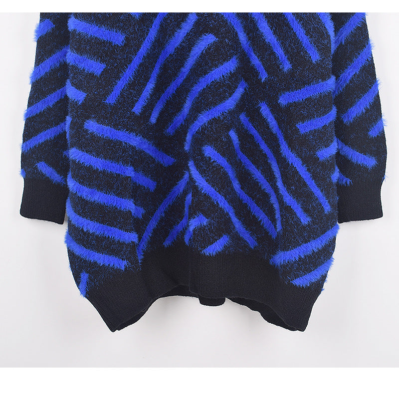 Pullover Sweater Women's Half High Collar Loose Knit Contrast Stripe Fashion Temperament Autumn And Winter