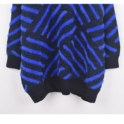 Pullover Sweater Women's Half High Collar Loose Knit Contrast Stripe Fashion Temperament Autumn And Winter