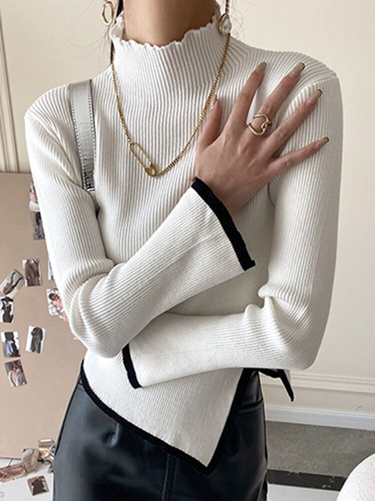 Irregular Edge Design Black Turtleneck Sweaters Women Autumn Winter New Slim Long Sleeve Knitted Pullovers