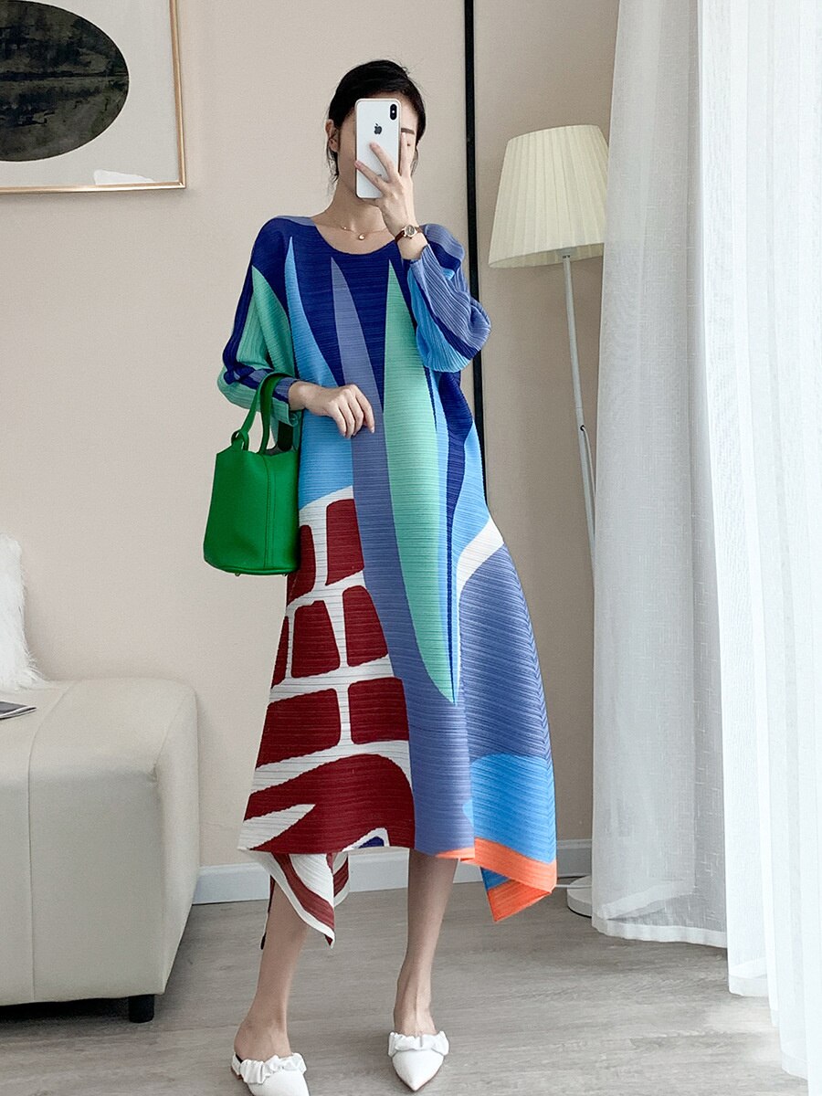 Printed Pleated Dress Women Long Sleeves Contrast Color Irregular Loose Lady Stylish Party Clothing