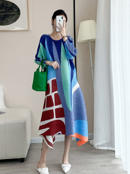 Printed Pleated Dress Women Long Sleeves Contrast Color Irregular Loose Lady Stylish Party Clothing
