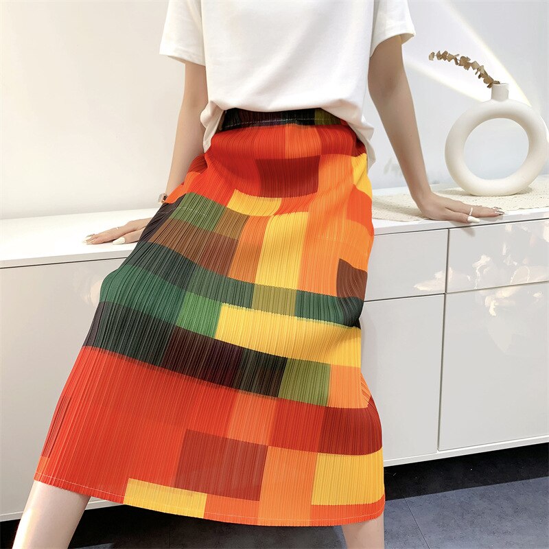 Pleated Summer New Rainbow Print Pleated Hundred High Waist Skinny After Open Fork The Long Women's Half-body Skirt